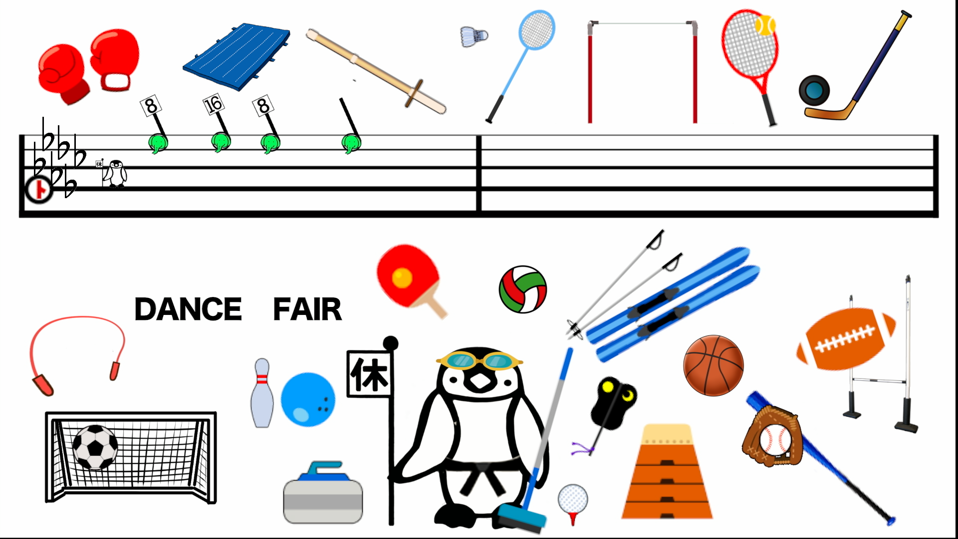 ウィング音符と英語版「スポーツダンスー200秒」”Sports Dance – 200 seconds”